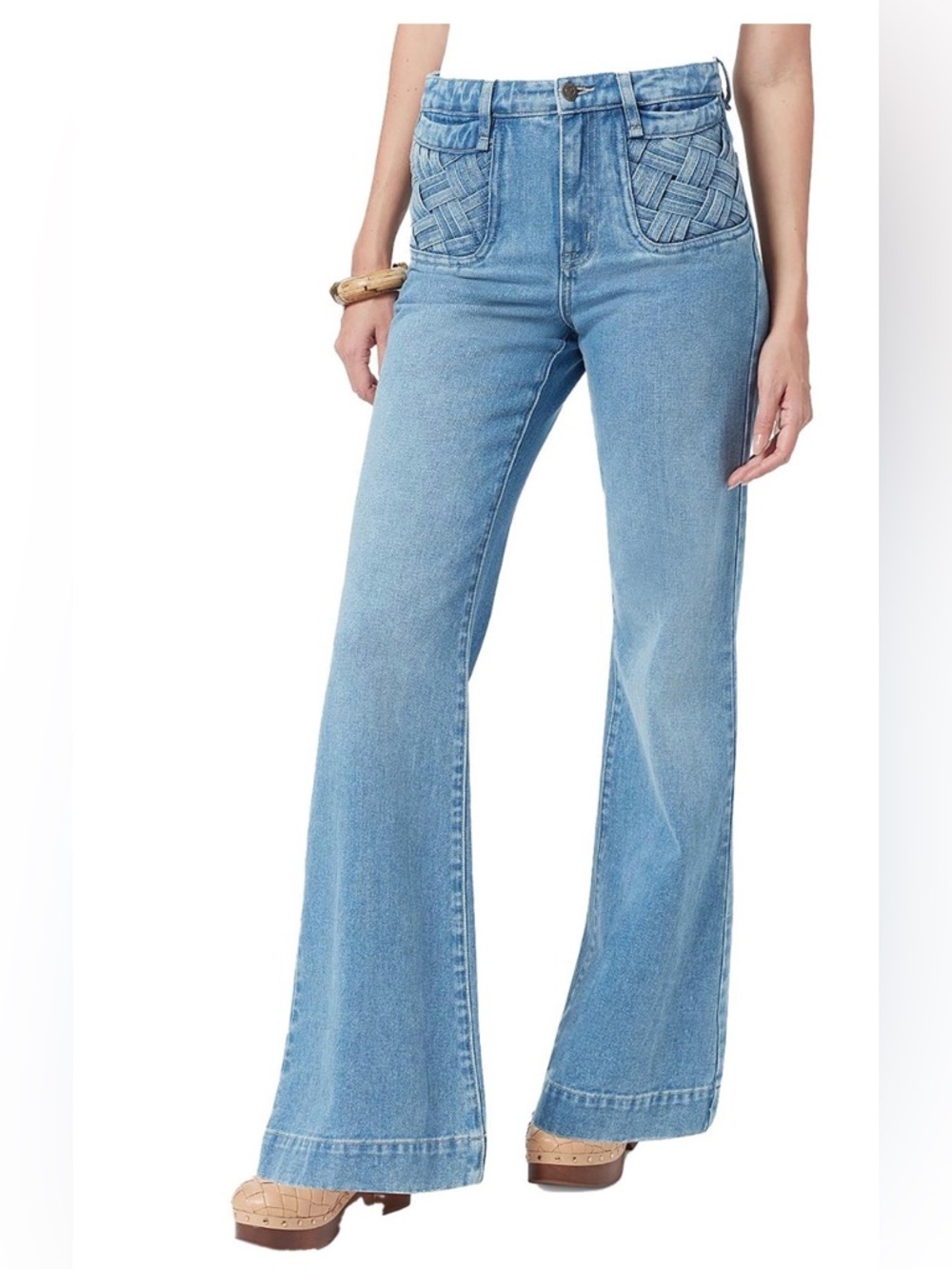 Sam Edelman Bay Flare Trouser Jeans Woven Pocket Detail Light Wash Size 28 Boho